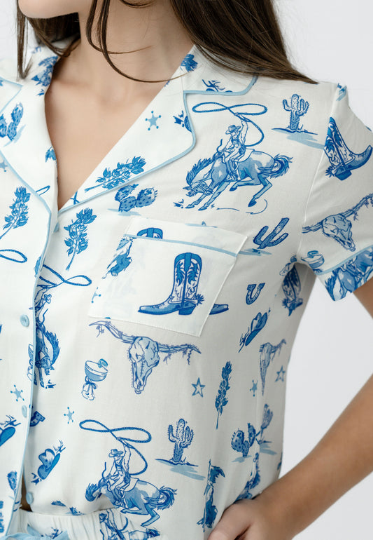Day on the Range Short Sleeve Pajama Set - Blue and White