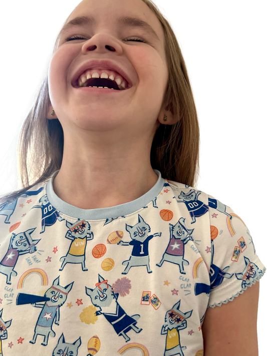 Bobcat Pride Organic Cotton Knit Youth Pajama Short Set | Blue & White Bobcat Print