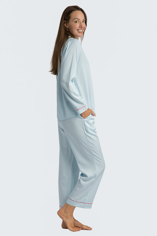 Charleston Blue Stripe Emb Crop Pajama Set