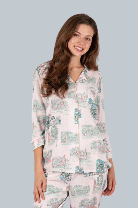 Charleston Scene Pink Crop Pajama Set - Artist Print | Imbali Charleston