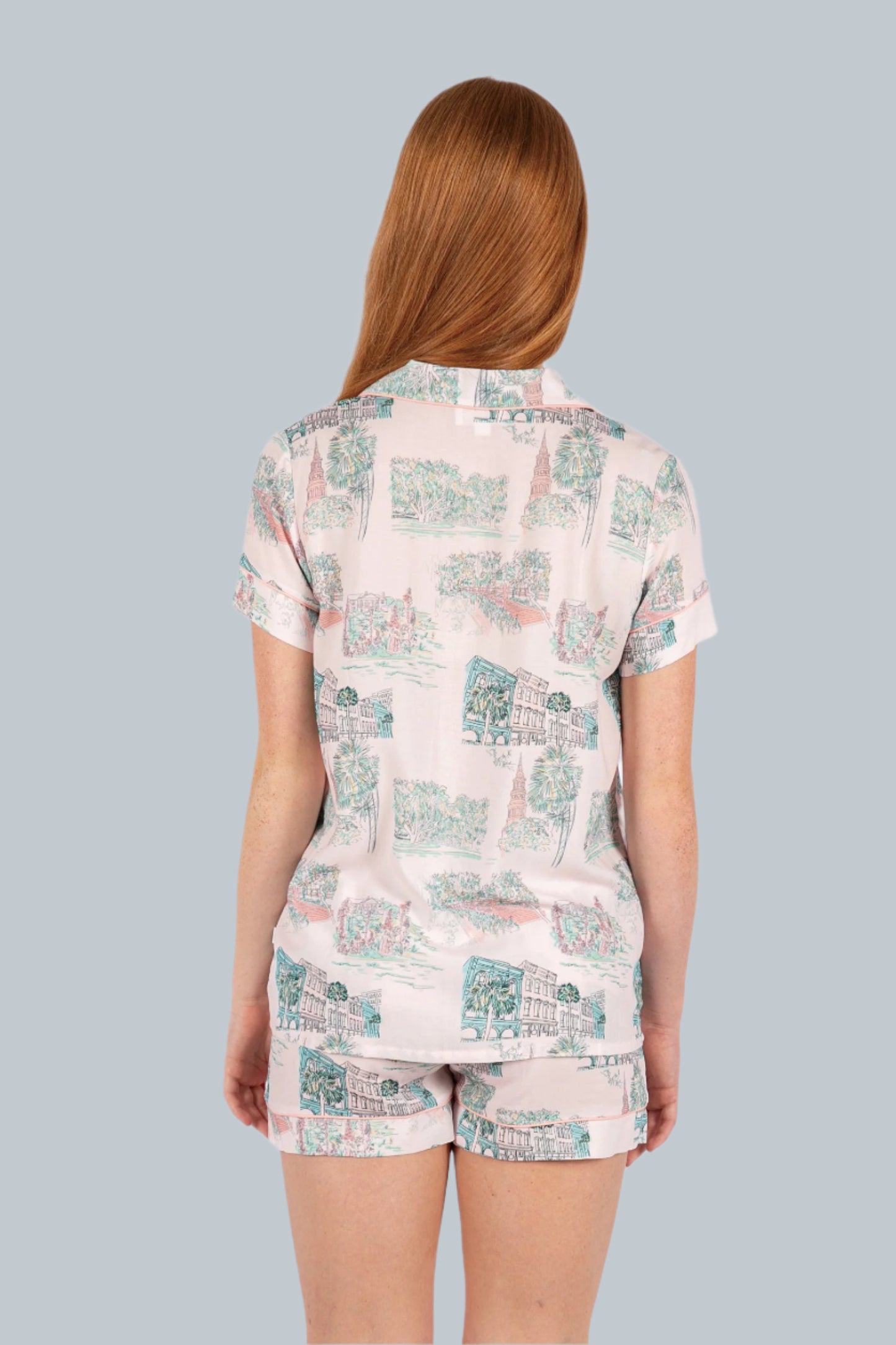 Charleston Scene Pink Button Down Short Set - Artist Print