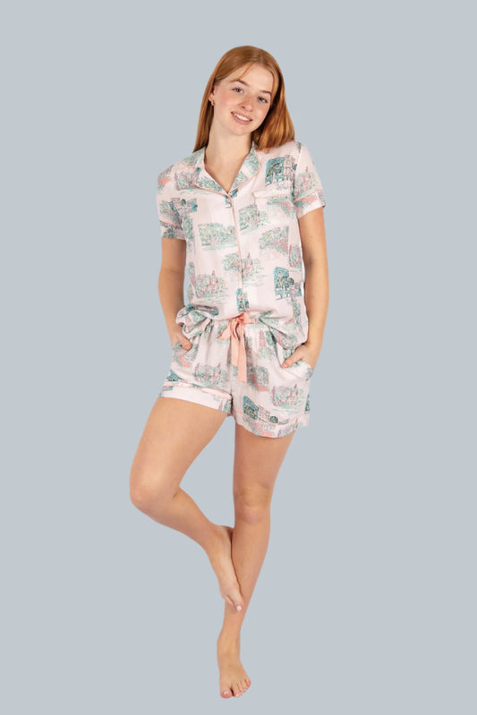 Charleston Scene Pink Button Down Short Set - Artist Print | Imbali Charleston