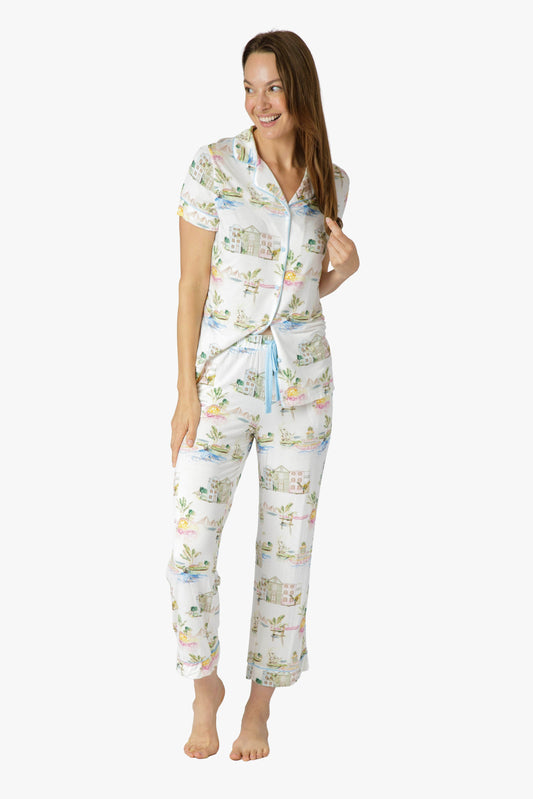 I Love Charleston Knit Button Down SS Top and Crop Pant Set - Rainbow Row Print
