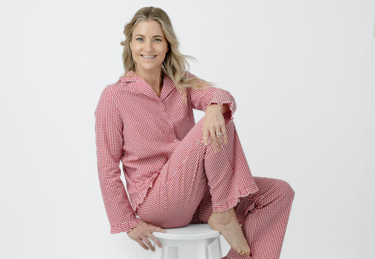 Gingham Full Length Ruffle PJ Set - 100% Cotton Pajamas | Imbali Charleston