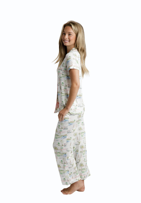 Golf Scene Button Down Modal Crop Set - Southern Golf Course Print