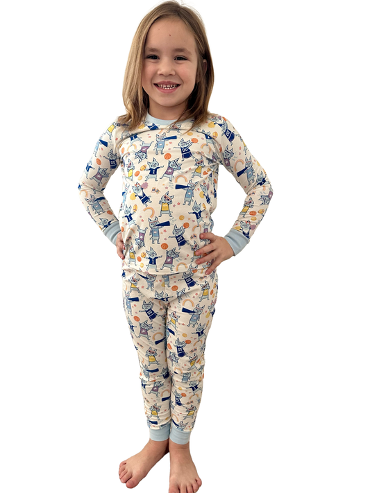 Cat Pride Organic Cotton Knit Youth Pajama Set | Blue & White Bobcat Print