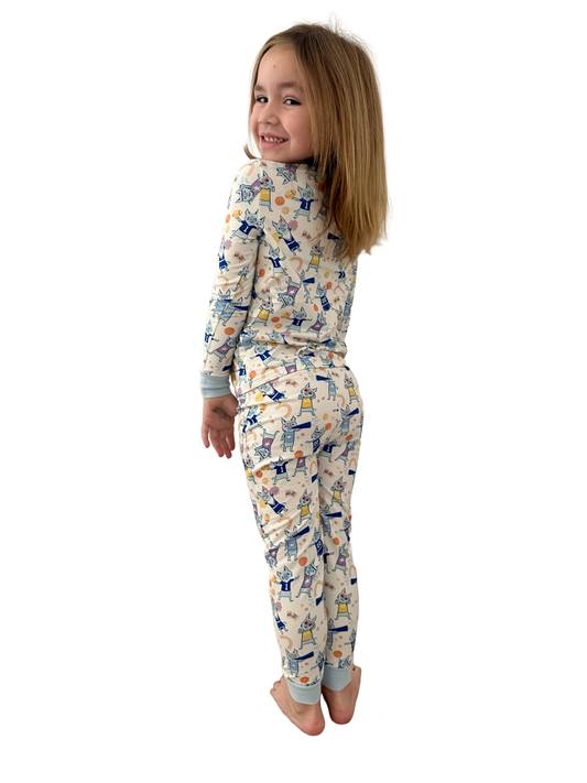 Cat Pride Organic Cotton Knit Youth Pajama Set | Blue & White Bobcat Print