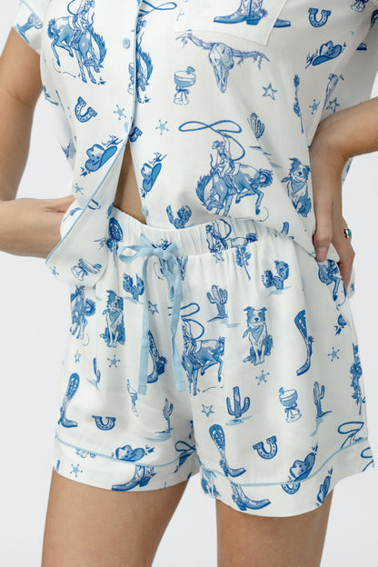 Day on the Range Short Sleeve Pajama Set - Blue and White