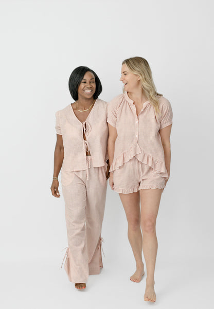Pixel Rose Gingham Bow Tie PJ Set - 100% Cotton Pajamas