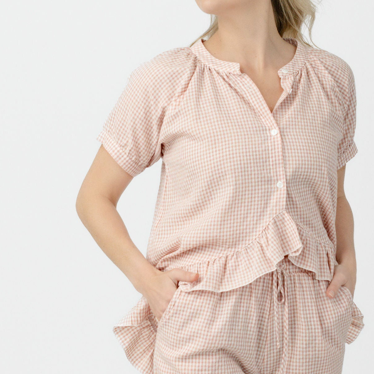 Pixel Rose Gingham Ruffle Hi-Lo PJ Set - 100% Cotton Pajamas
