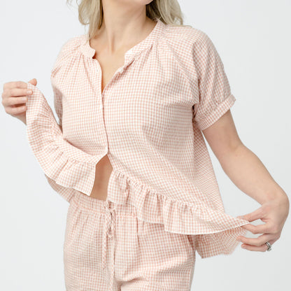 Pixel Rose Gingham Ruffle Hi-Lo PJ Set - 100% Cotton Pajamas