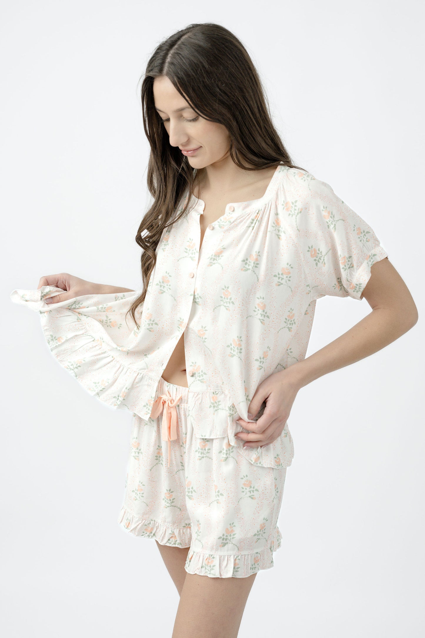 Rose Garden Pajama Short Set - Hi-Lo Top & Ruffle Shorts