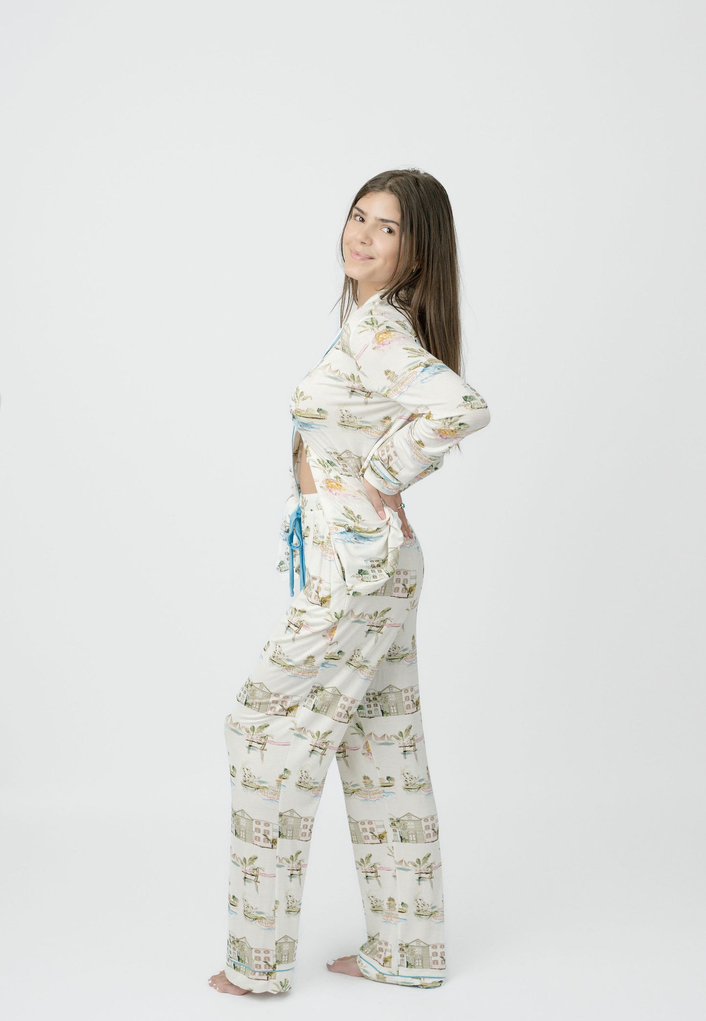 I Love Charleston Knit Button Down Pant Set - Rainbow Row Print