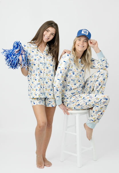 Cat Pride Organic Cotton Knit Short Pajama Set | Blue & White Bobcat Print