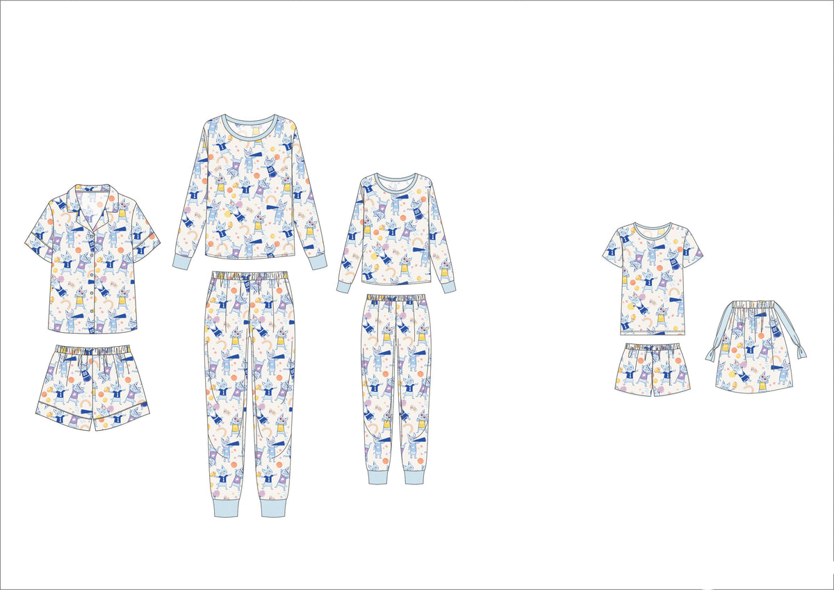 Cat Pride Organic Cotton Knit Short Pajama Set | Blue & White Bobcat Print