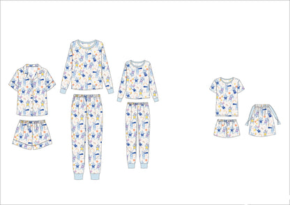 Cat Pride Organic Cotton Knit Short Pajama Set | Blue & White Bobcat Print
