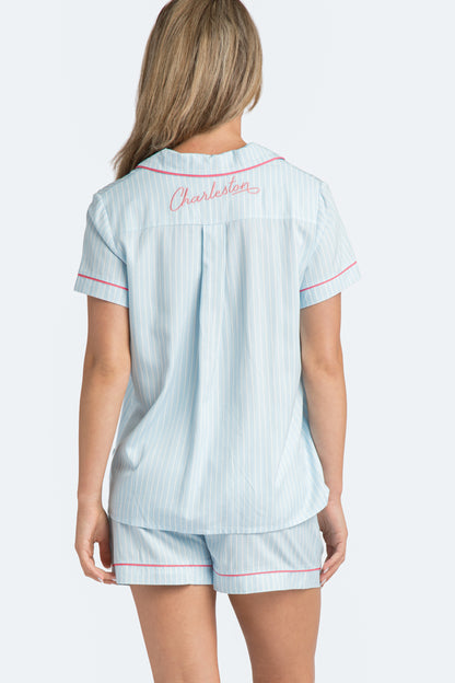 Charleston Blue Stripe Emb Short Pajama Set