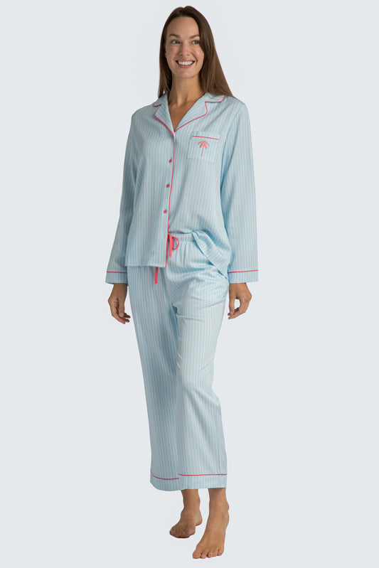Charleston Blue Stripe Emb Crop Pajama Set