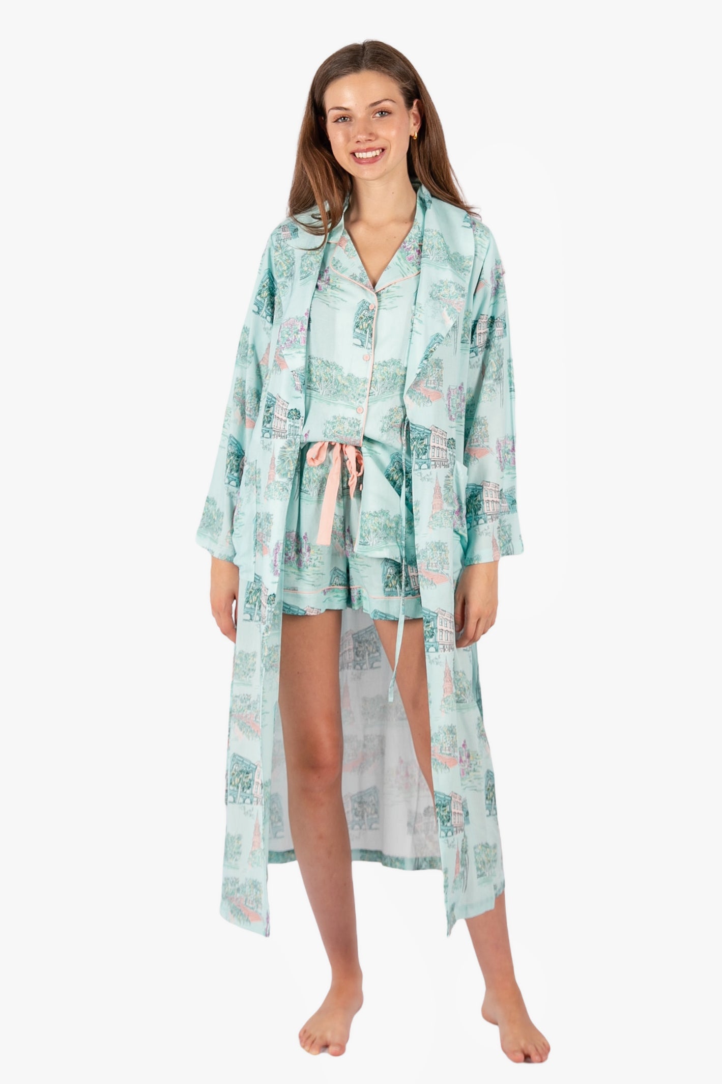 Charleston Scene Blue Short Sleeve Button Down Short Set