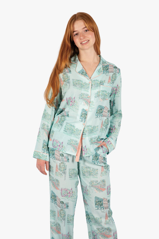 Charleston Scene Blue Button Down Pant Set