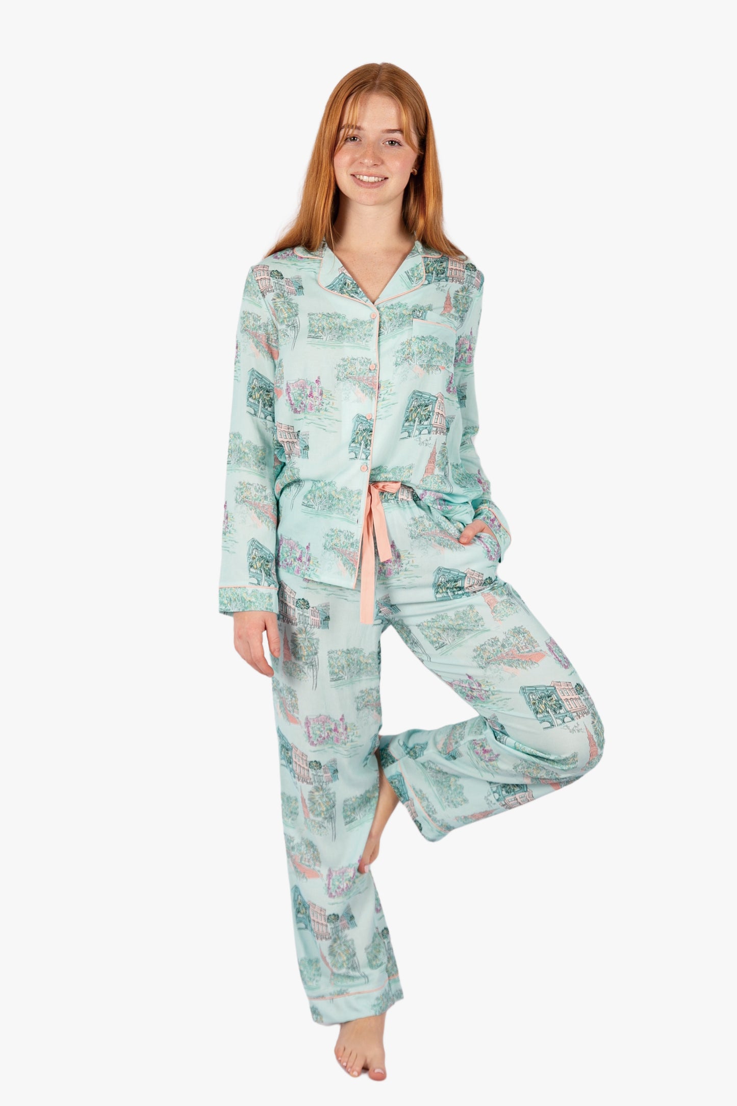 Charleston Scene Blue Button Down Pant Set