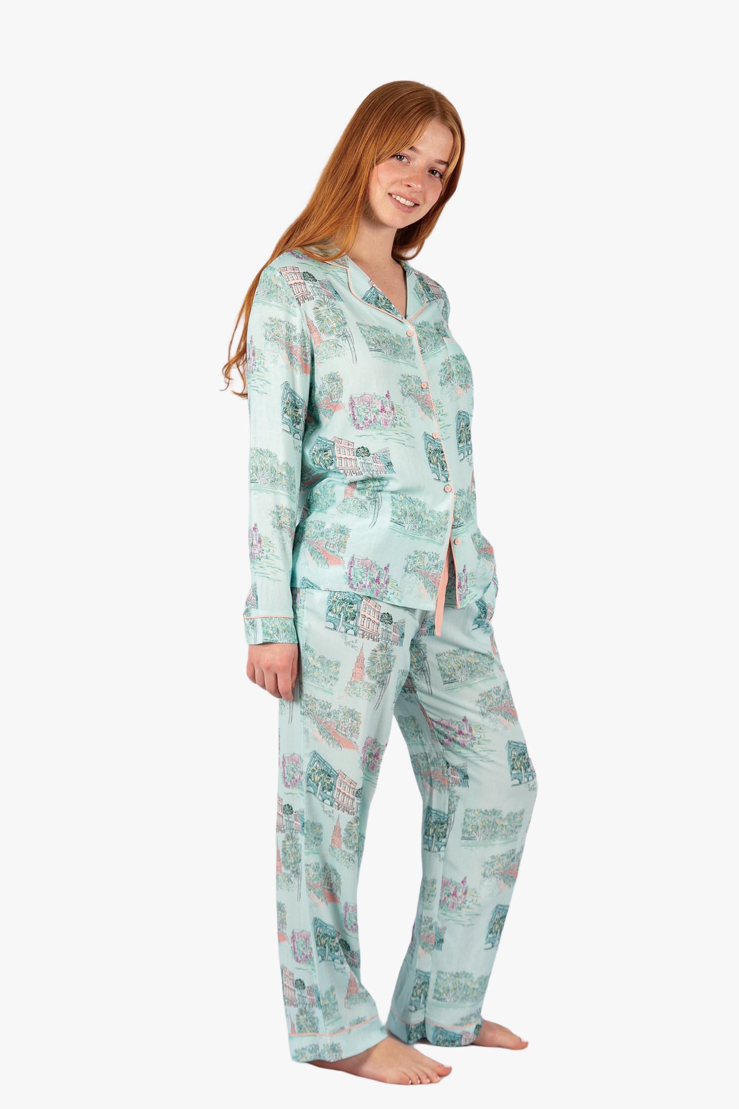 Charleston Scene Blue Button Down Pant Set