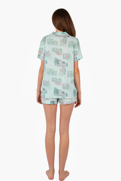 Charleston Scene Blue Short Sleeve Button Down Short Set