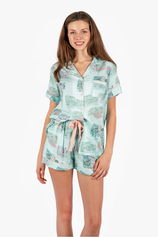 Charleston Scene Blue Short Sleeve Button Down Short Set
