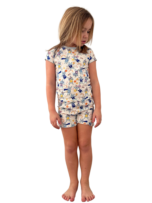 Bobcat Pride Organic Cotton Knit Youth Pajama Short Set | Blue & White Bobcat Print