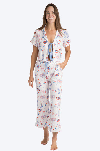 Happy 4th Pink Stripe Bow Tie Top and Crop Pant Set