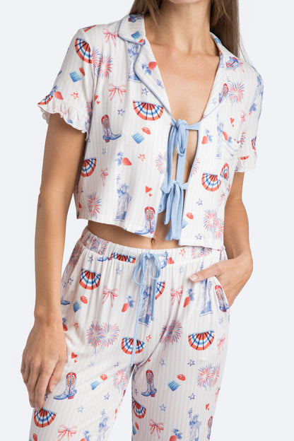 Happy 4th Pink Stripe Bow Tie Top and Crop Pant Set