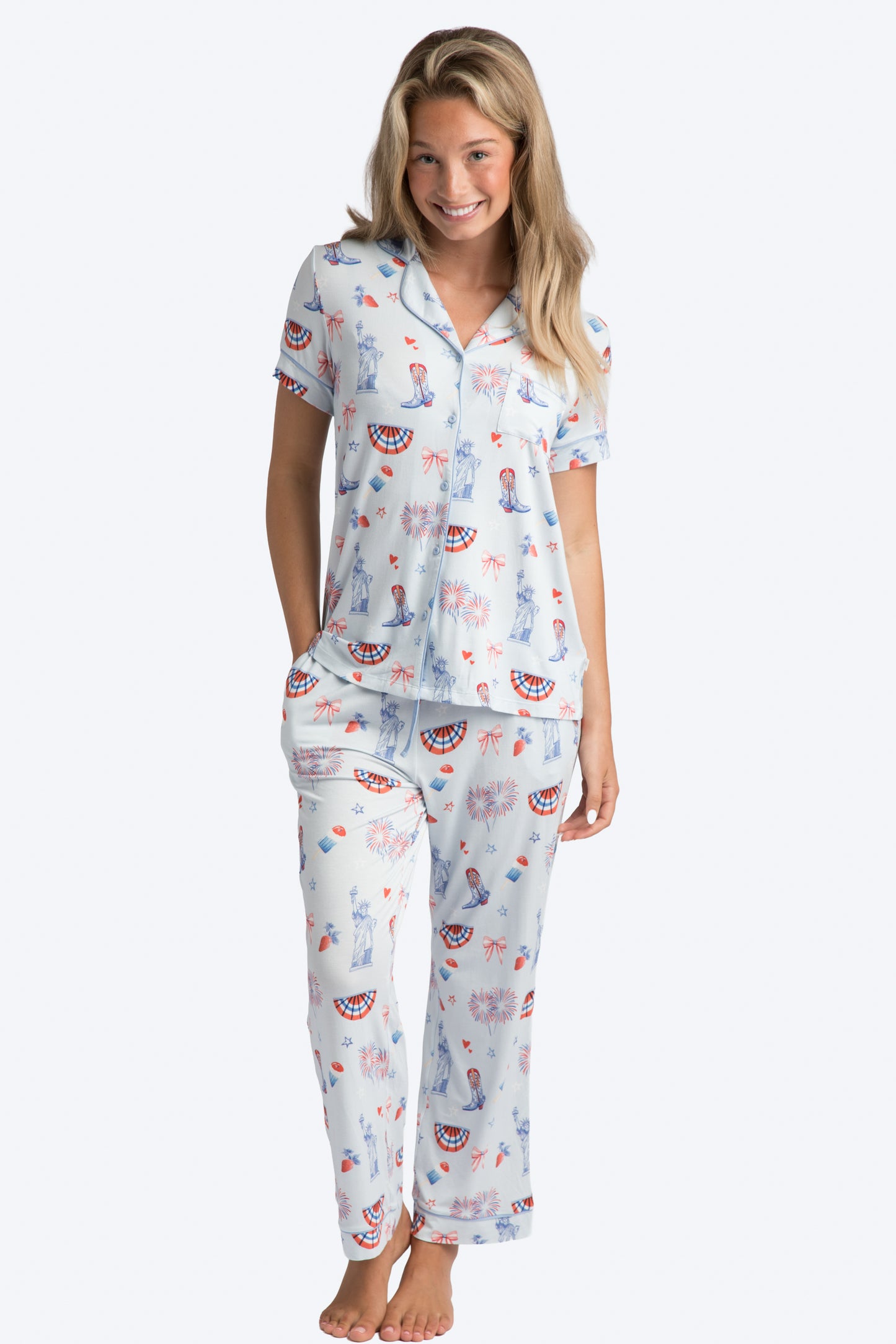 Happy 4th Blue Pajama Short Sleeve Crop Pant Set