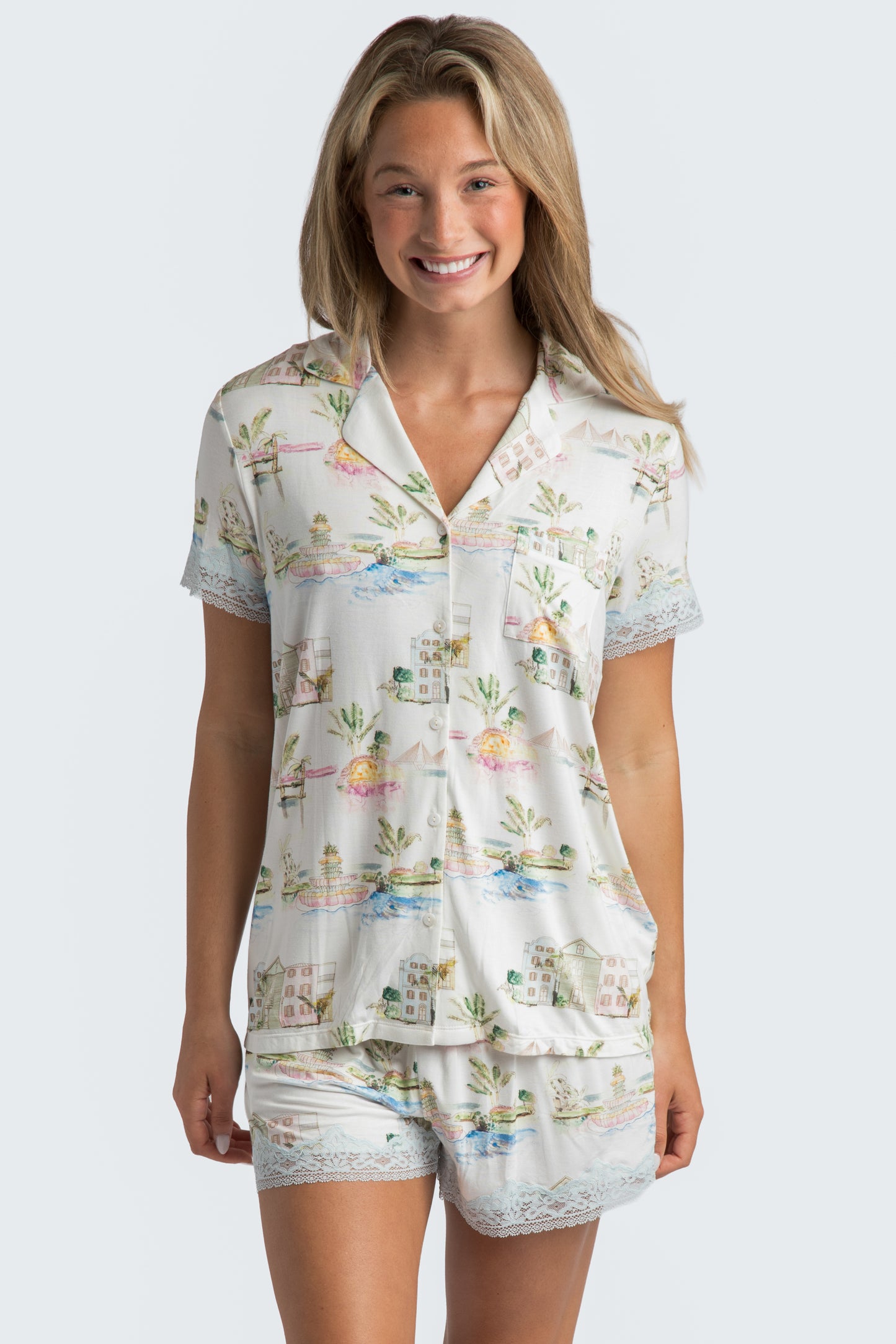 I Love Charleston Lace Short Set - Rainbow Row Print