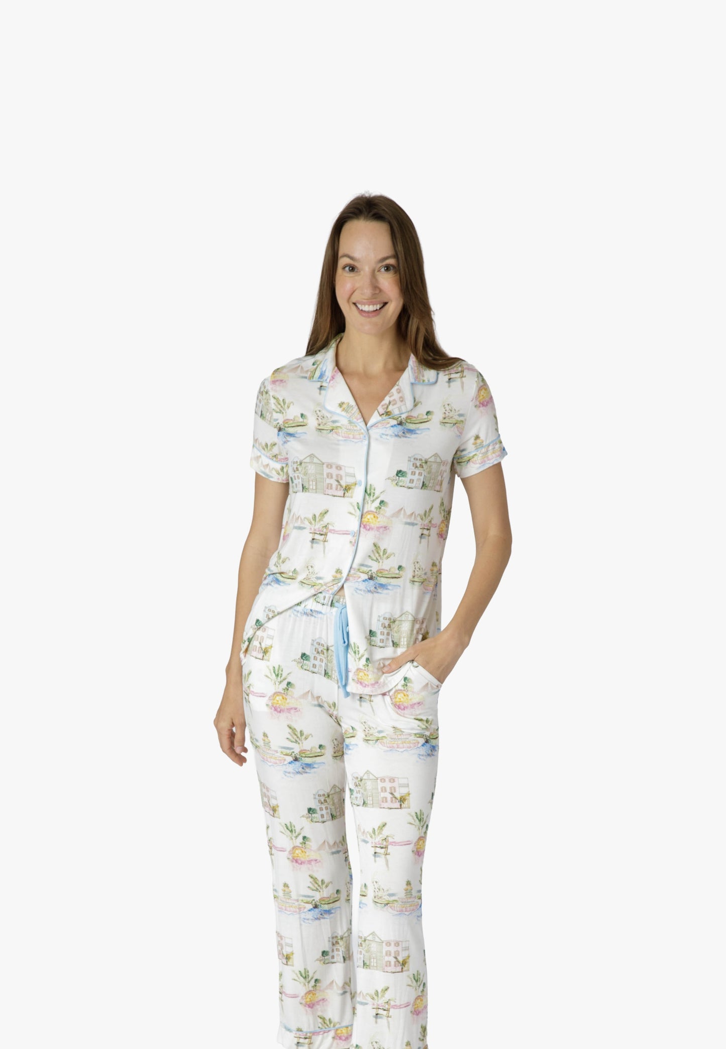 I Love Charleston Knit Button Down SS Top and Crop Pant Set - Rainbow Row Print
