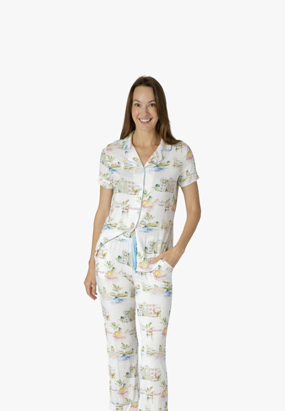 I Love Charleston Knit Button Down SS Top and Crop Pant Set - Rainbow Row Print