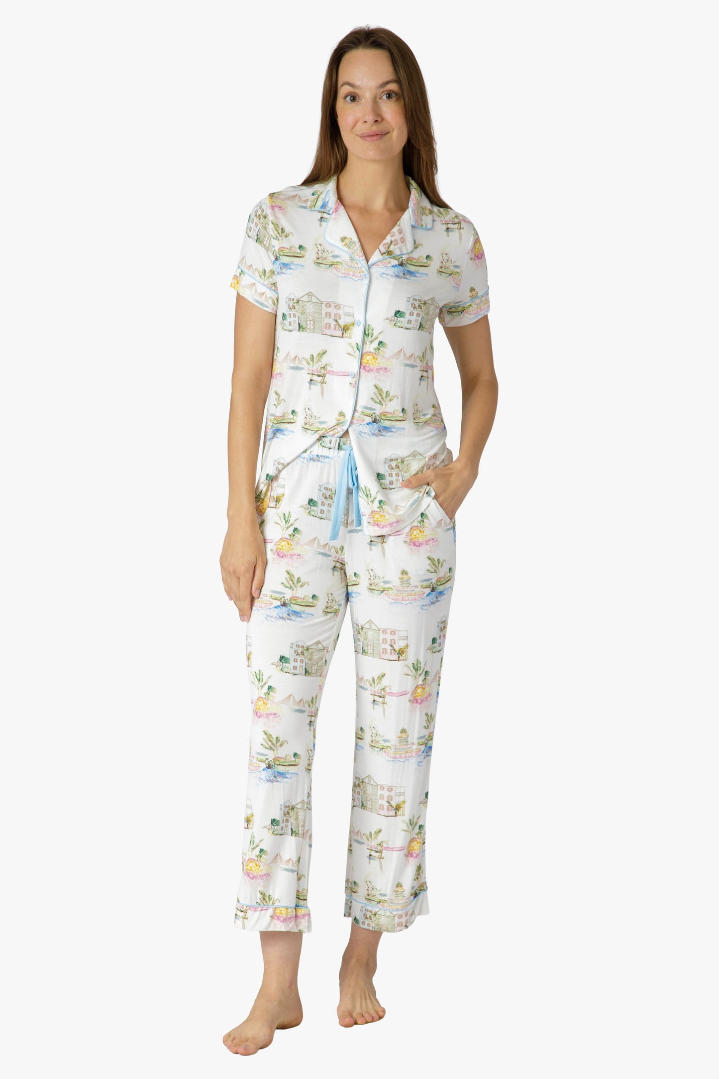 I Love Charleston Knit Button Down SS Top and Crop Pant Set - Rainbow Row Print