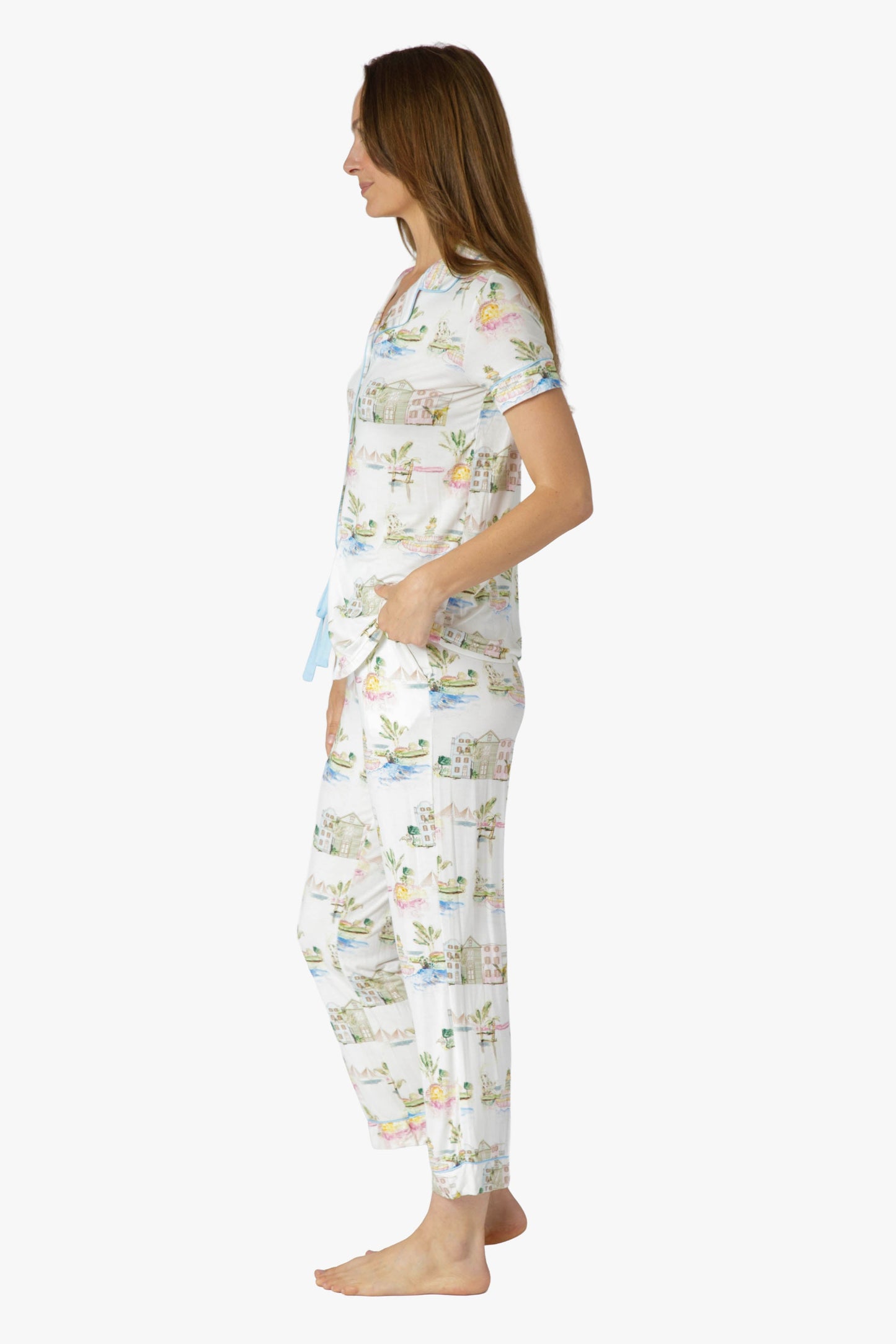I Love Charleston Knit Button Down SS Top and Crop Pant Set - Rainbow Row Print