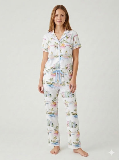 I Love Charleston Knit Button Down SS Top and Crop Pant Set - Rainbow Row Print