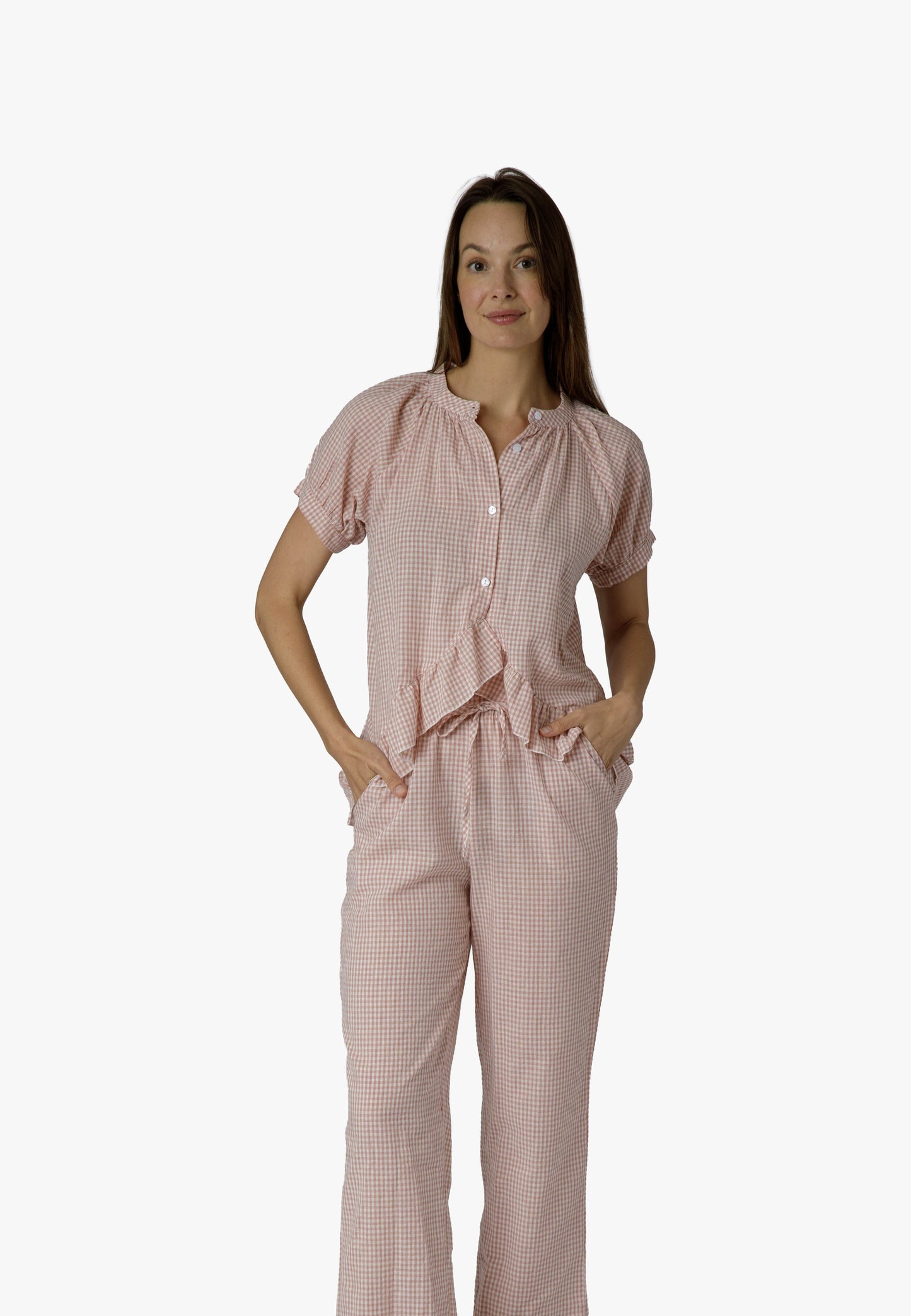 Pixel Rose Gingham Ruffle Hi-Lo PJ Set - 100% Cotton Pajamas