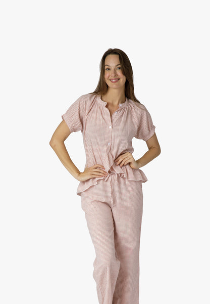 Pixel Rose Gingham Ruffle Hi-Lo PJ Set - 100% Cotton Pajamas