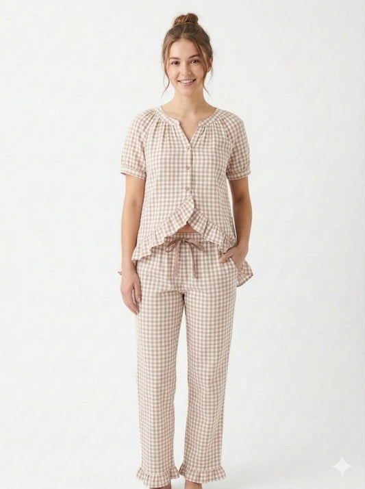 Pixel Rose Gingham Ruffle Hi-Lo PJ Set - 100% Cotton Pajamas