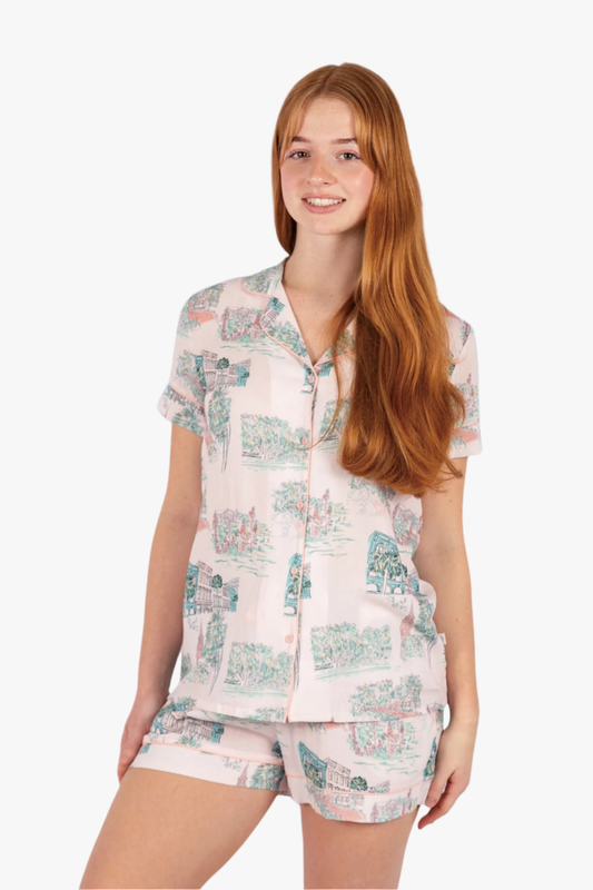 Charleston Scene Pink Button Down Short Set - Artist Print | Imbali Charleston