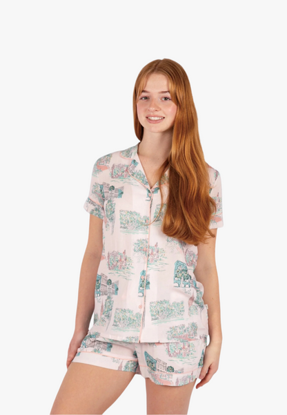 Charleston Scene Pink Button Down Short Set - Artist Print