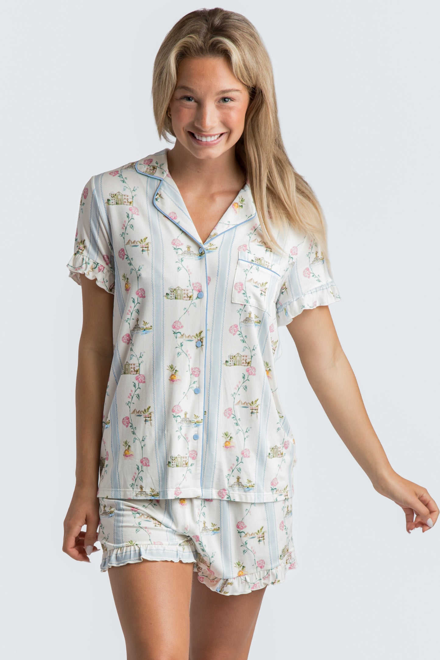 CHS Hydrangea Stripe Modal Short Set - Charleston Print PJs